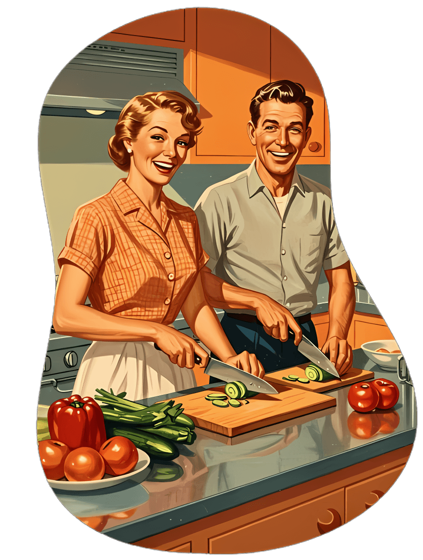 Happy couple cooking with sharp knives